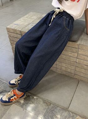 女童软牛仔裤子中大童夏装薄净蓝色宽松休闲哈伦老爹裤洋气防蚊裤