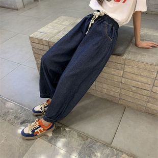 洋气防蚊裤 薄净蓝色宽松休闲哈伦老爹裤 子中大童夏装 女童软牛仔裤