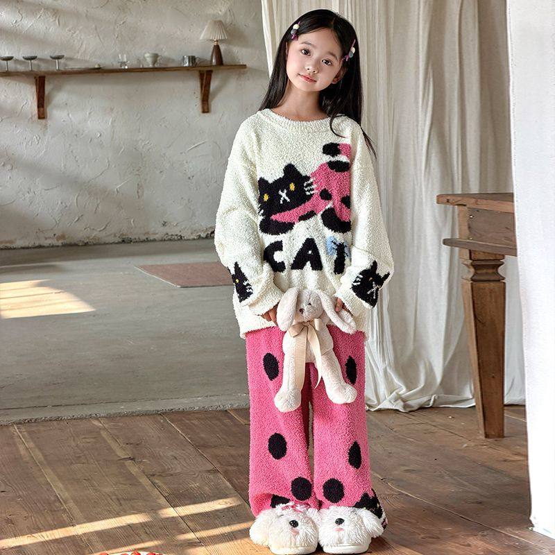 半边绒休闲睡衣女童冬季长袖长裤可爱小猫女孩家居服套装可外穿暖