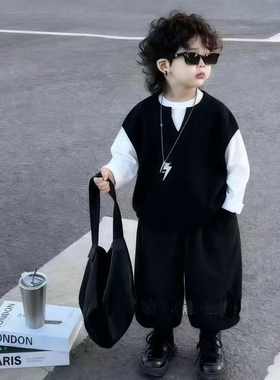 华夫格假两件帅气套头男童长袖T恤2025春秋季新款宝宝薄款上衣ins