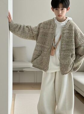 儿童套装秋季新款男童针织线衣外套百搭连帽打底薄绒休闲裤三件套