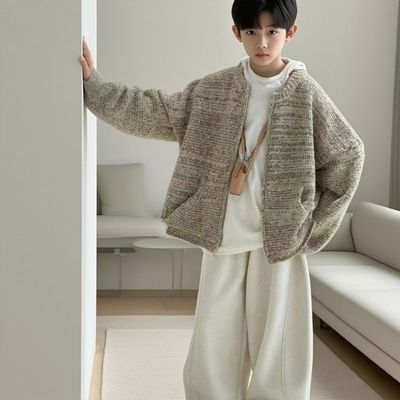 儿童套装秋季新款男童针织线衣外套百搭连帽打底薄绒休闲裤三件套