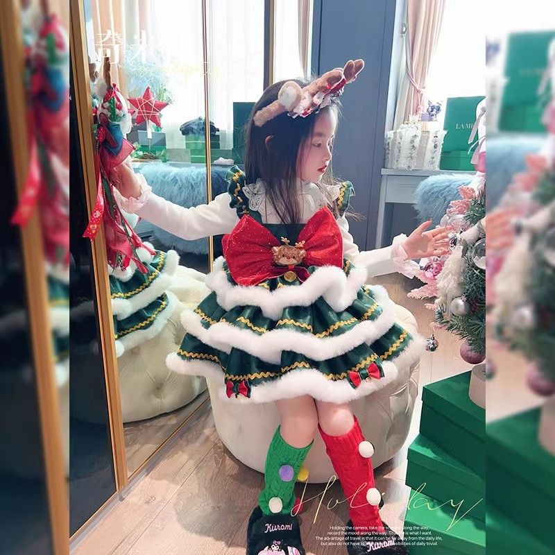 圣诞节服装女童2024冬季新款节日圣诞卡通洋气礼服女宝宝塔连衣裙