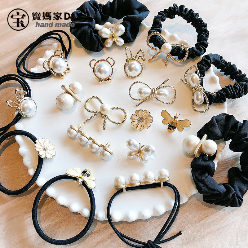 简约气质珍珠蝴蝶结C扣diy手工女生发圈通勤百搭少女马尾兔子头绳
