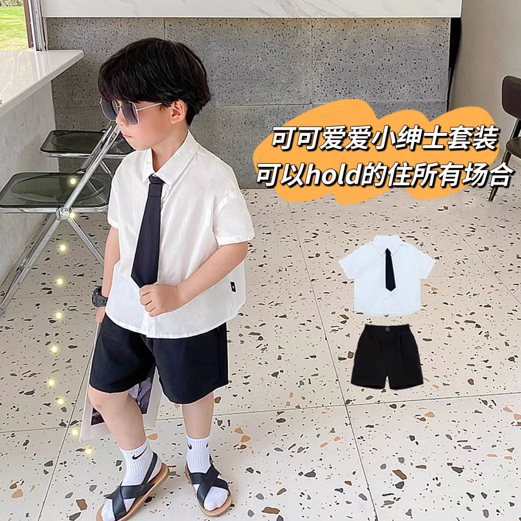 男童短袖衬衫中小童男宝宝短裤短袖两件套生日礼服夏季学院风套装