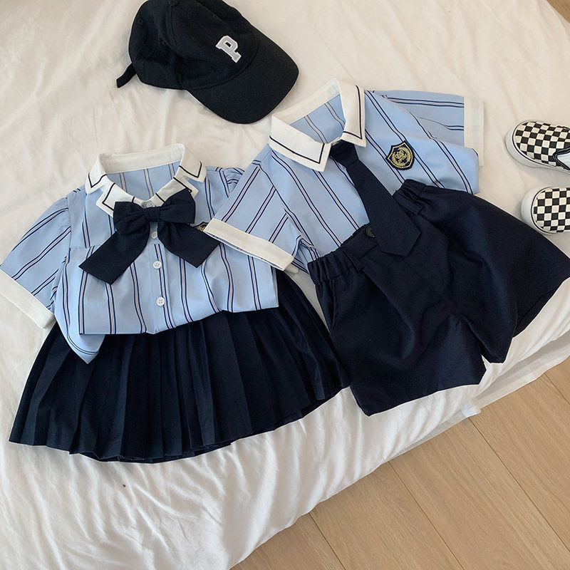 男童装女童学院风夏季衬衫JK制服短裙短裤两件套装幼儿园毕业礼服