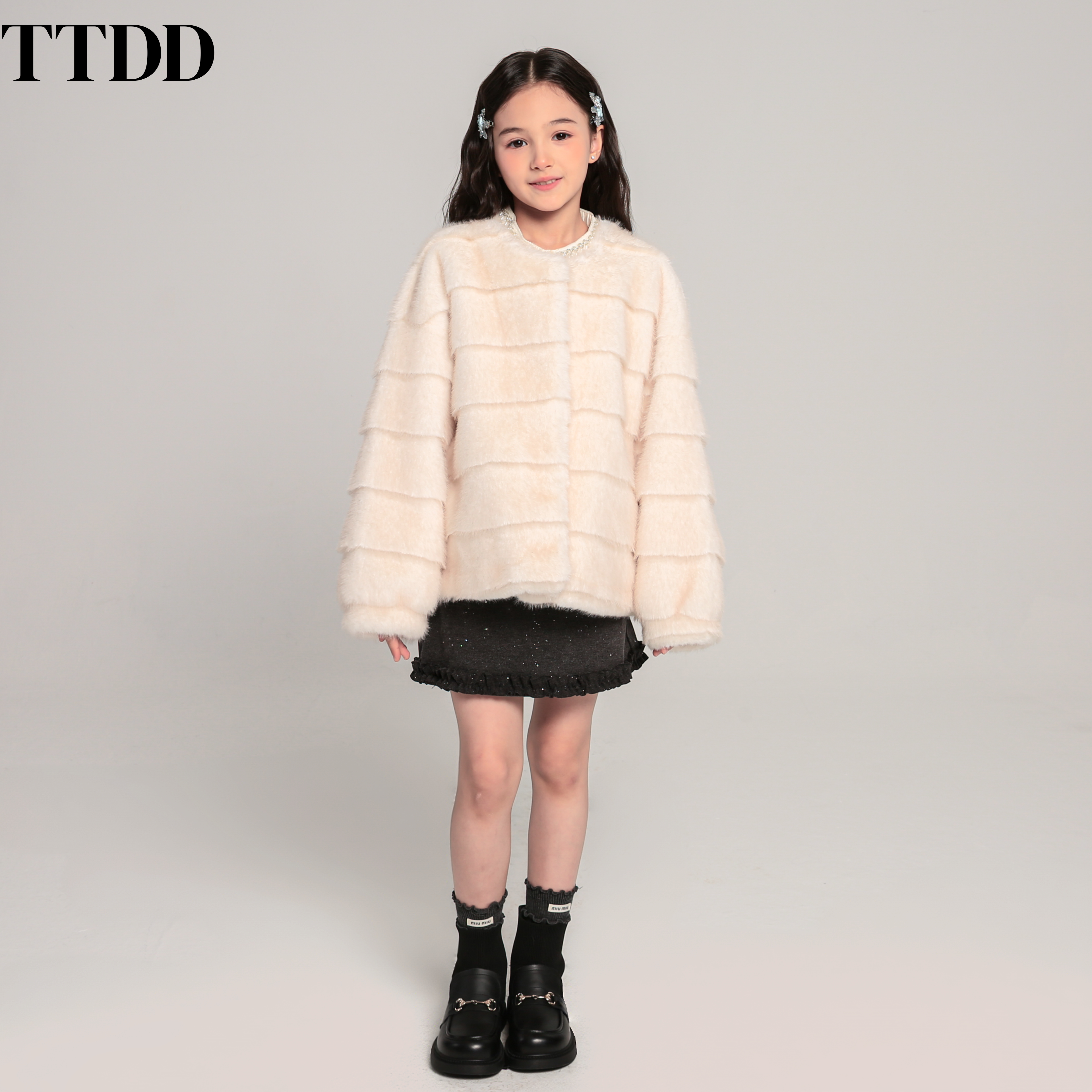 TTDD儿童皮草外套秋冬新款女孩女童圆领精仿横排水貂毛环保毛加厚
