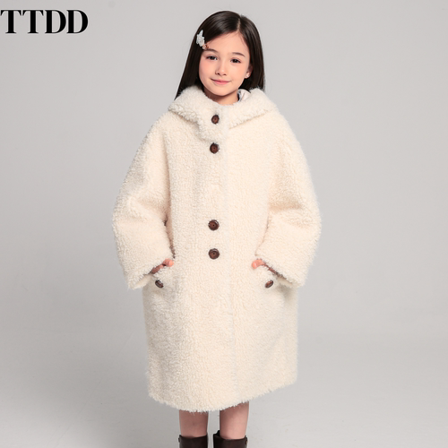 TTDD儿童皮草连帽外套泰迪秋冬新款女孩女童精仿羊羔毛环保毛长款