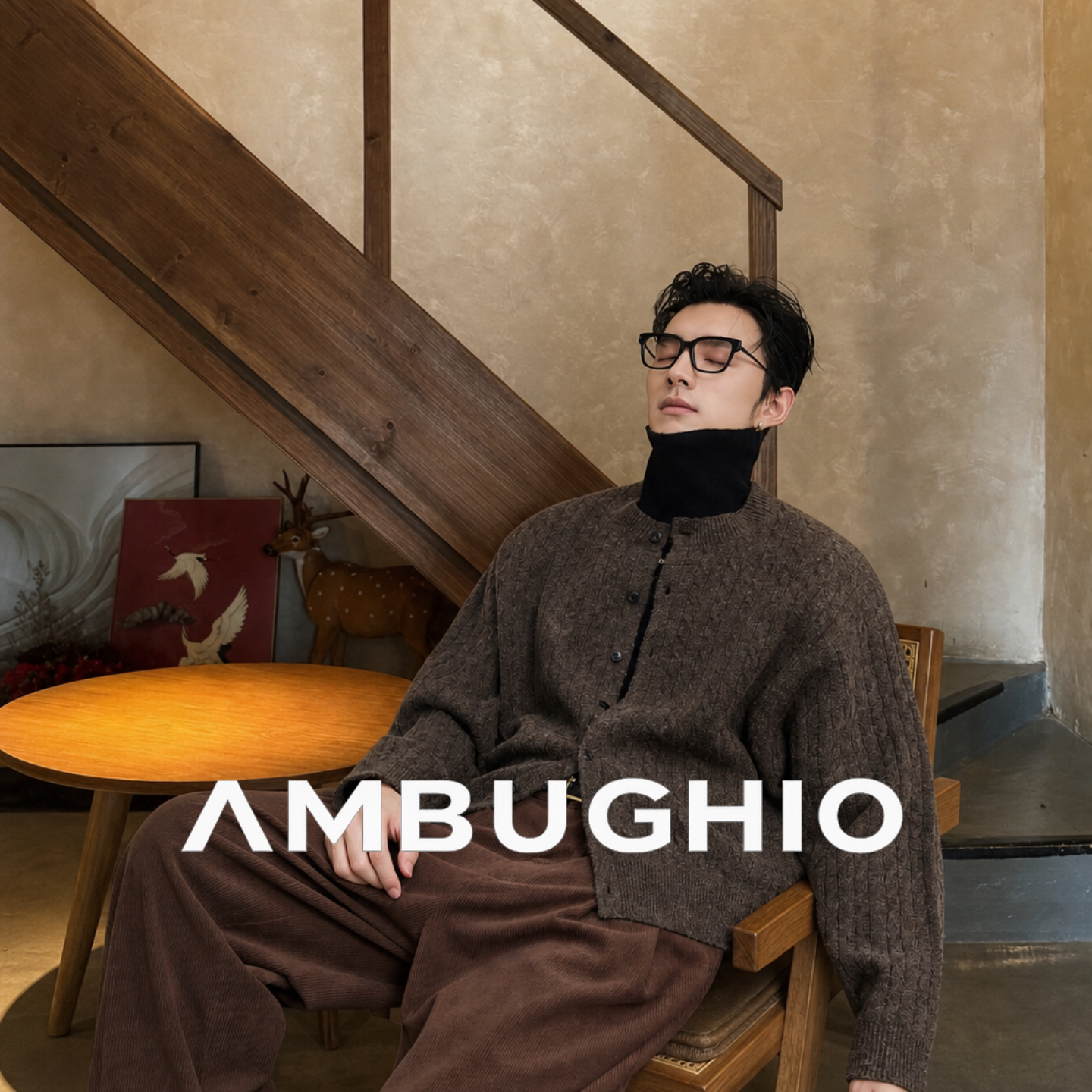 AMBUGHIO老钱风麻花针织开衫毛衣