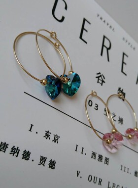 Faveur美产14K包金施家水晶爱心樱花粉百慕蓝HOOP耳圈耳环礼物女