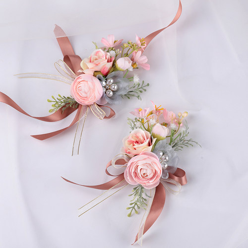 高级粉咖色新娘手腕花伴娘姐妹花