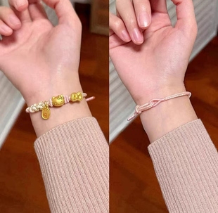 KT猫黄金手链HelloKitty足金999吊坠三丽鸥蝴蝶结转运珠送女友