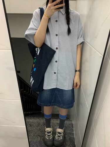 原野空间GRASS SPACE 日系翻领条纹短袖衬衫女夏宽松百搭休闲衬衣