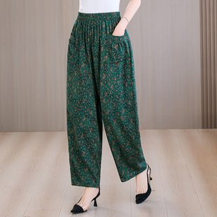 女松紧高腰宽松妈妈哈伦裤 印花休闲棉绸直筒九分裤 新款 中老年夏季