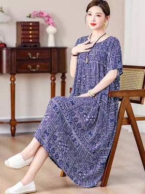 夏天女士棉绸睡裙外穿中年妈妈