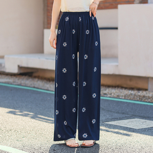 人造棉松紧腰可外穿家居裤 宽松薄款 女士夏季 妈妈棉绸直筒休闲长裤