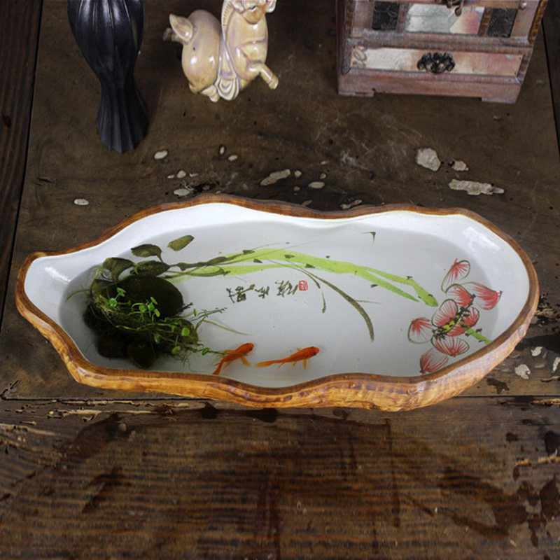 景德镇创意陶瓷鱼缸古典仿石乌龟缸手绘荷花水培水仙碗莲花盆包邮
