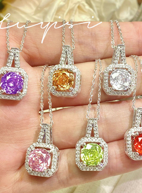 网红新款气质百搭八角玫瑰切黄钻方糖项链高碳钻艳丽彩宝方包吊坠