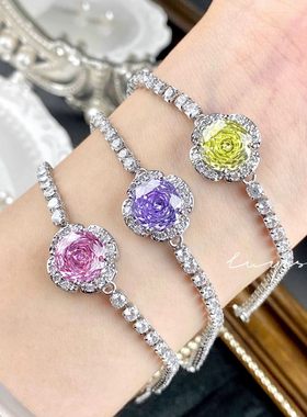 轻奢小众八角千禧玫瑰切坦桑蓝花朵手链镶嵌高碳钻玫瑰花粉钻手饰