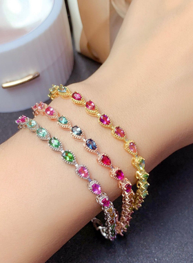 时尚彩虹色仿天然糖果色碧玺手链 镀s925银18k金镶嵌彩宝手链饰品