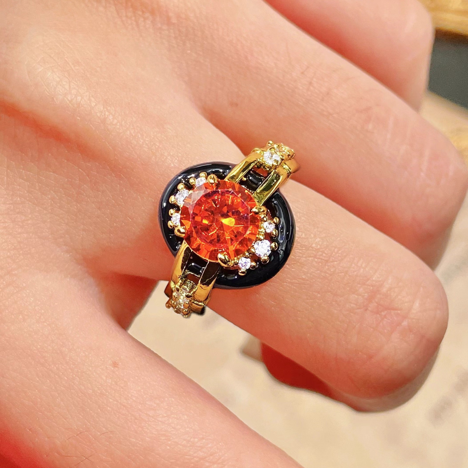 vintage中古珠宝芬达石戒指法式复古重工镀金黑玛瑙古董彩宝戒指