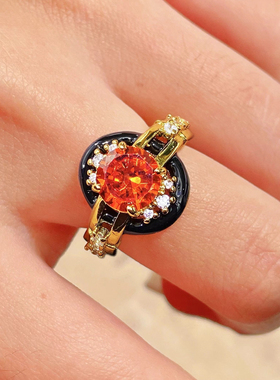 vintage中古珠宝芬达石戒指法式复古重工镀金黑玛瑙古董彩宝戒指