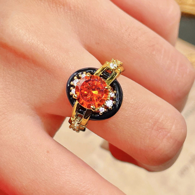vintage中古珠宝芬达石戒指法式复古重工镀金黑玛瑙古董彩宝戒指