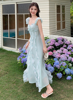 夏款首发 海边度假风茶歇法式褶皱连衣裙 2C122-015-P120-K178