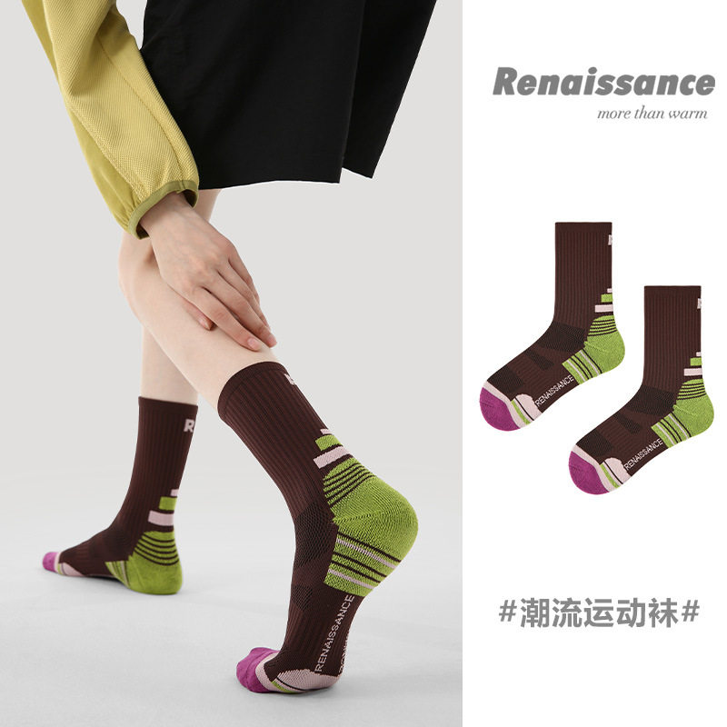Renaissance袜子女跑步跳绳袜吸汗透气棕色压力专业毛巾底运动袜