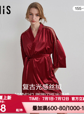 爱美丽IMIS春秋睡袍女士性感法式丝绒轻薄蕾丝七分袖睡袍IM48BPL1