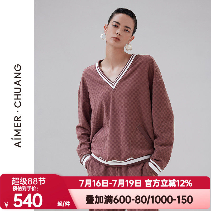 爱慕·CHUANG正品乐野秋冬季女舒绒提花V领套头长袖上衣CA451942