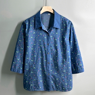 中老年人衬衫女夏季2026新款中袖全棉上衣妈妈纯棉衬衣牛仔薄外套