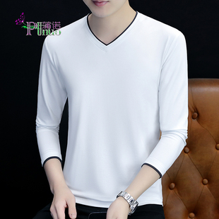 t恤男秋季 双层撞色V领纯棉长袖 纯色简约打底衫 厂家批一件代发