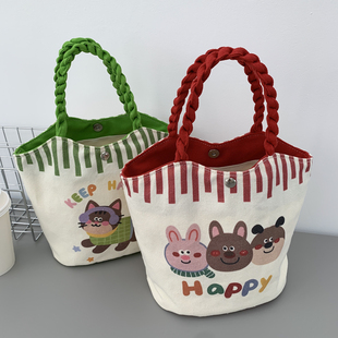 郊游旅行野餐百搭时尚可爱耐看小众设计水桶帆布小包小号便当手拎