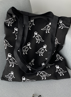 郑秀晶同款小恐龙黑色帆布包ing小清新文艺单肩手提帆布袋百搭款