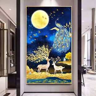 钻石绣2024年新款满钻入户玄关竖款点钻十字绣发财鹿月亮孔雀砖石