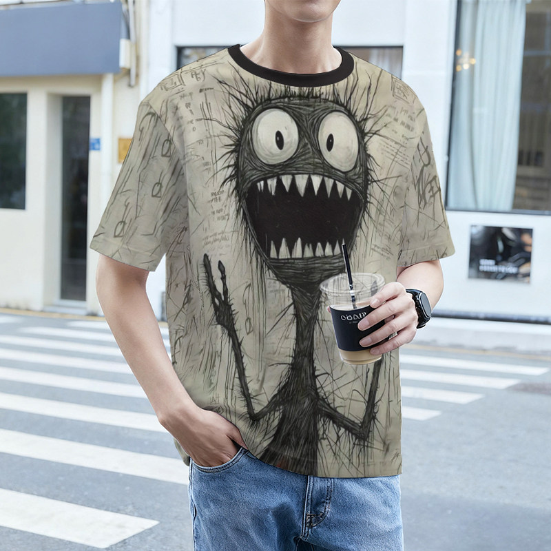 2026新款短袖t恤男高质量冰丝夏季宽松大码重磅简约时尚印花上衣