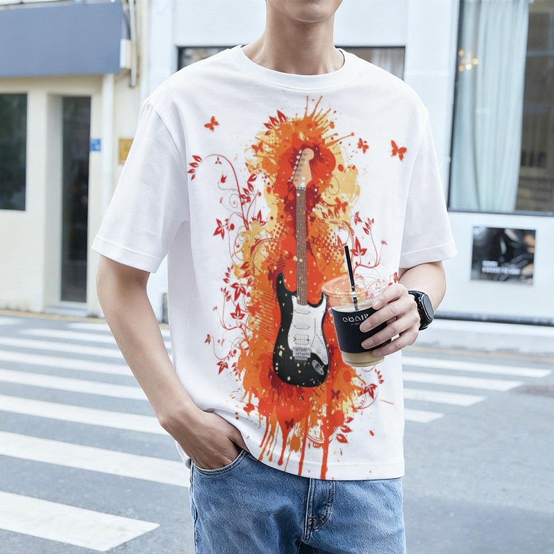 新款冰丝凉感摇滚吉他印花短袖T恤男士夏季宽松透气半袖男装上衣