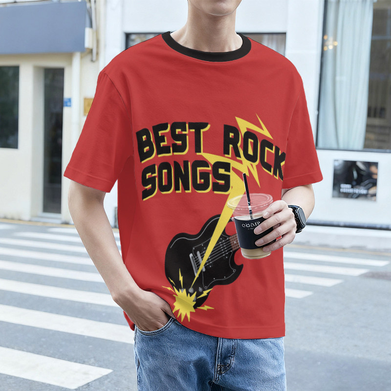 夏季新款透气凉感短袖T恤摇滚手势吉他印花男装宽松休闲百搭上衣