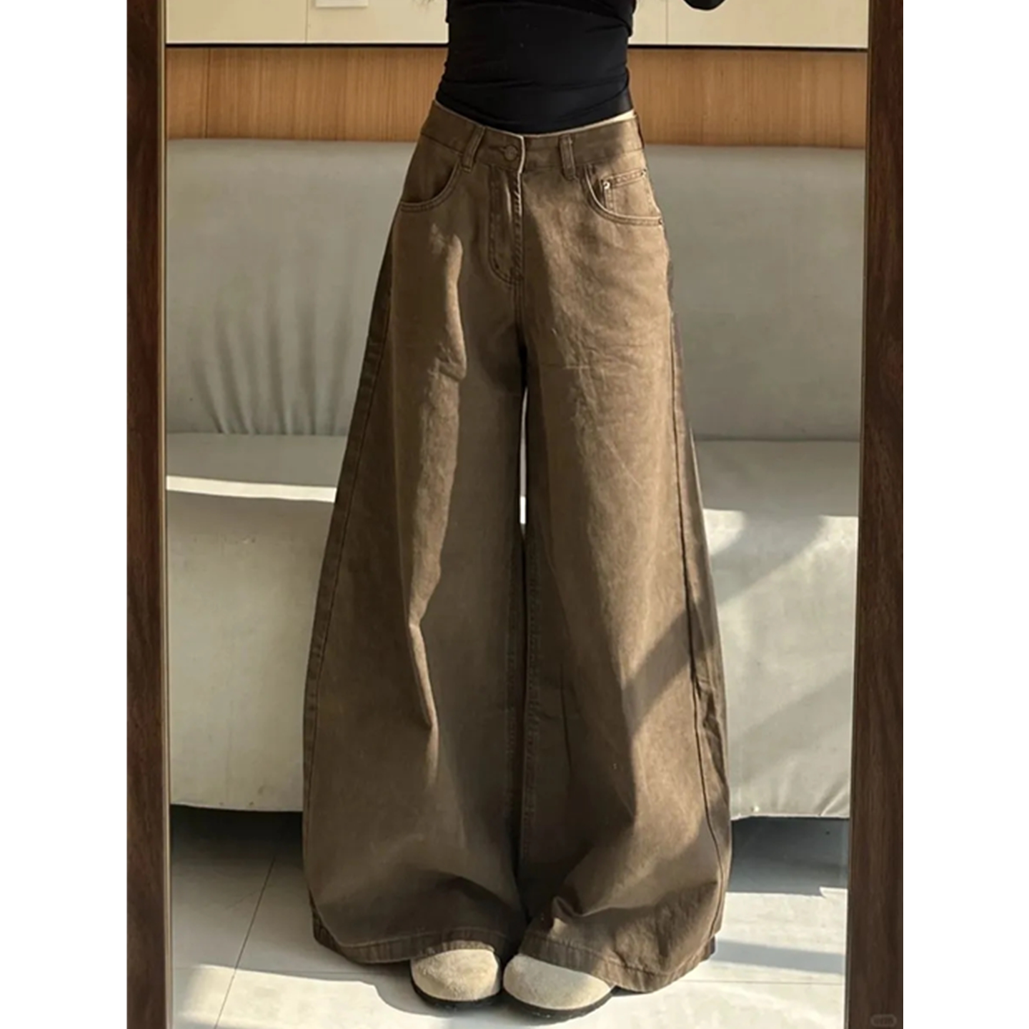 小个子休闲牛仔裤女美拉德深棕色通勤百搭高腰宽松显瘦垂感阔腿裤