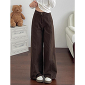 小个子咖色直筒休闲牛仔裤 女美拉德宽松显瘦高腰遮跨垂感阔腿长裤