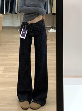 水洗复古深蓝色低腰牛仔微喇叭裤女小个子不规则显高显瘦马蹄长裤