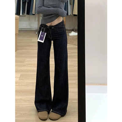 深蓝色低腰牛仔微喇叭裤女小个子