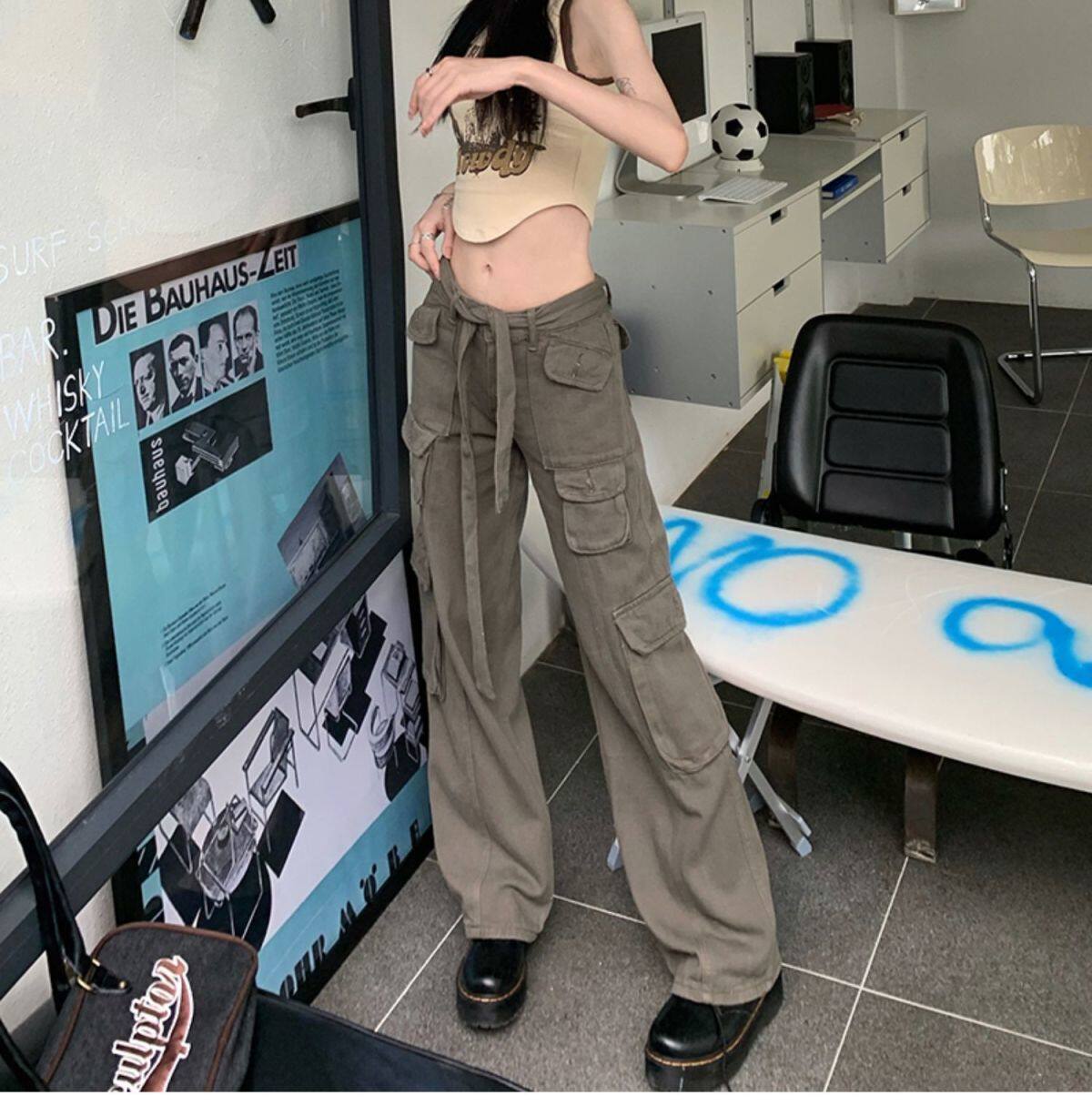 AMERICAN-STYLE SMALL TOOLING JEANS FEMALE HOT GIRL TRENDY BRAND DESIGN HIGH WAIST LOOSE AND THIN WIDE-LEG CASUAL TROUSERS