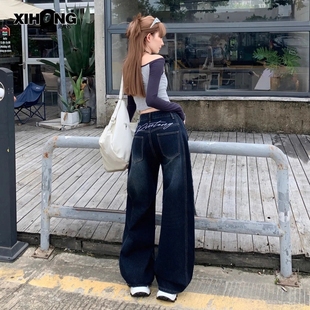 美式复古刺绣辣妹弯刀牛仔裤女小个子梨形身材高腰显瘦宽松阔腿裤