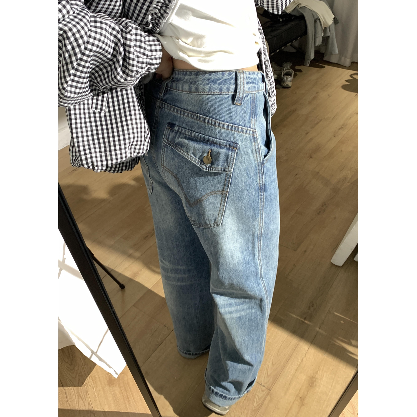 美式工装翻盖口袋直筒牛仔裤女高腰宽松小个子显高显瘦阔腿拖地裤