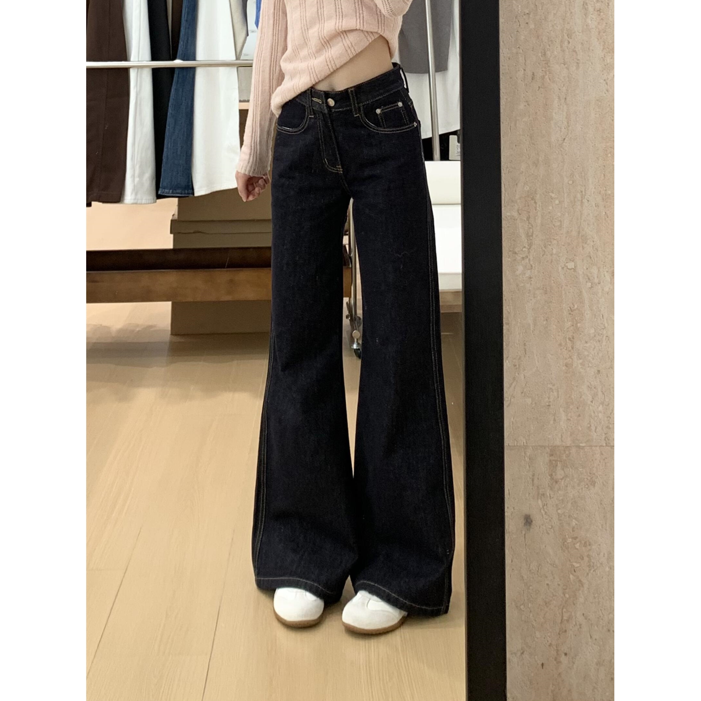 美式复古水洗原牛色低腰微喇叭牛仔裤女小个子不贴腿宽松阔腿长裤