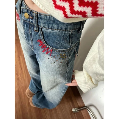 美式复古烫钻刺绣显高阔腿牛仔裤