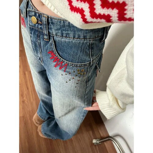 美式复古烫钻刺绣显高阔腿牛仔裤