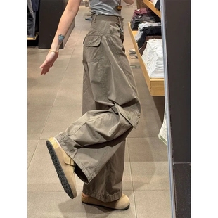 女潮牌小个子宽松高腰显瘦直筒阔腿长裤 灰色多口袋休闲工装 牛仔裤